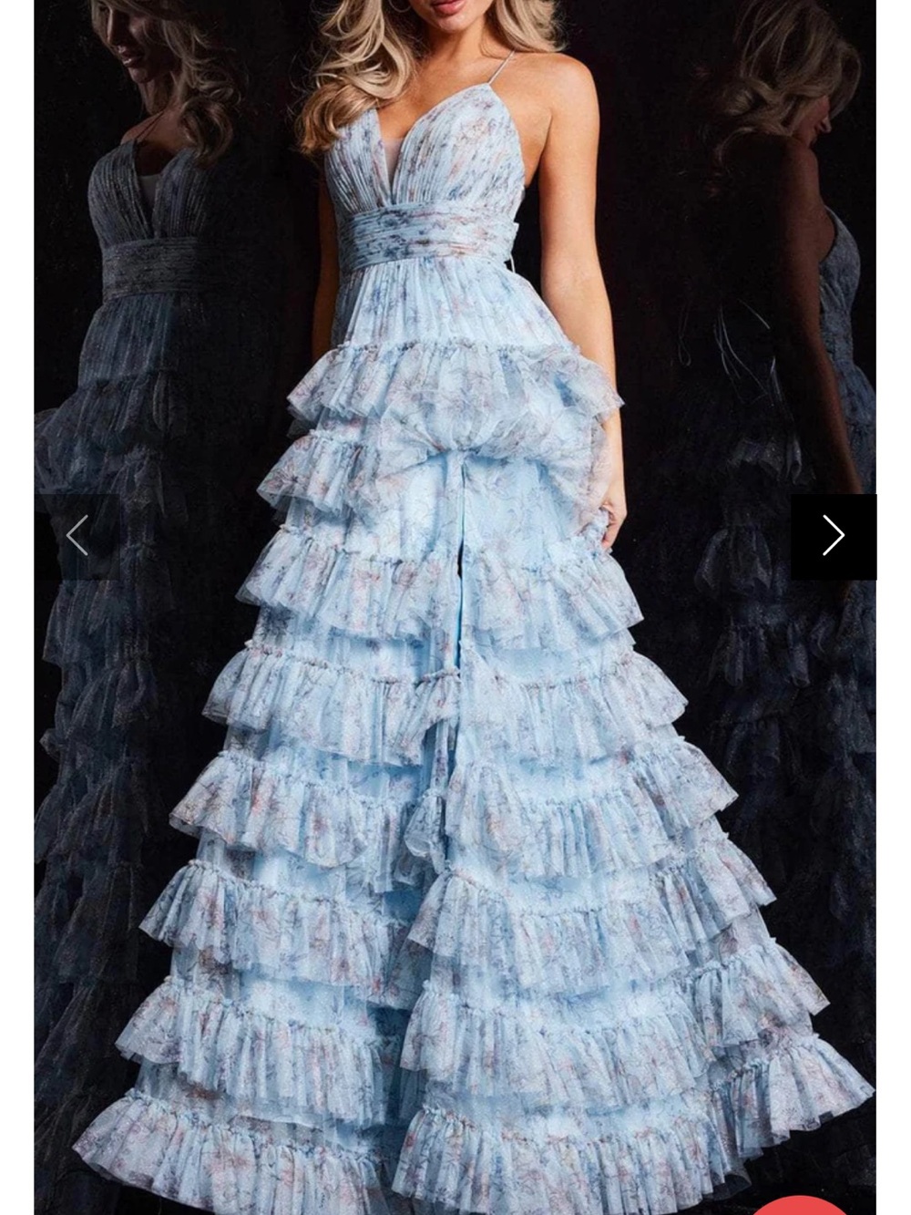 Jovani Pale Blue Tiered Ruffle Spaghetti-Strap Gown